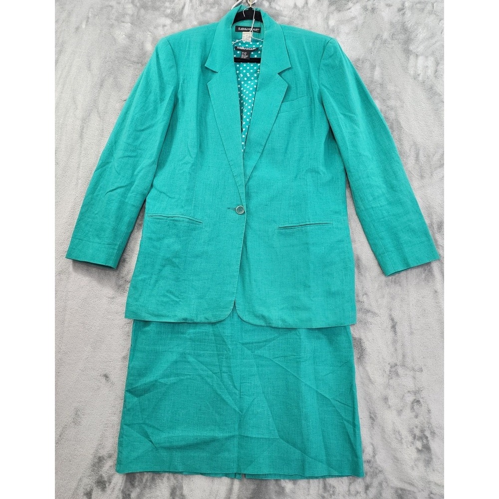 Vintage Savannah Skirt Suit Women 12 Green Teal Linen Silk 3 Piece Pencil Office